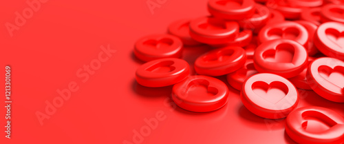 Many red like buttons with an engraved heart on a heap. Social Media Concept. Web banner format with copy space photo