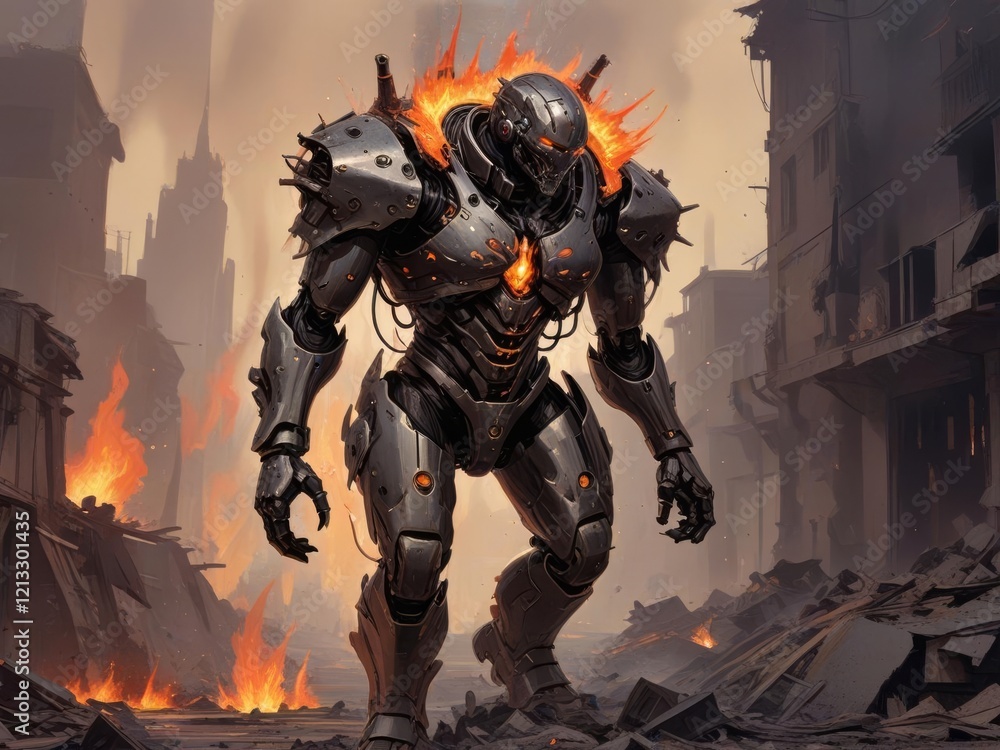 Fototapeta premium Armored Cybernetic Warrior in Flames