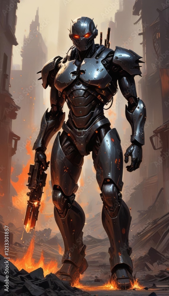 Cybernetic Knight in a Burning Battlefield Cybernetic Knight in a Burning Battlefield