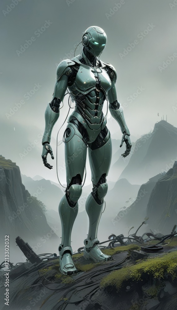 Futuristic Sentinel Amidst Foggy Mountains Futuristic Sentinel Amidst Foggy Mountains