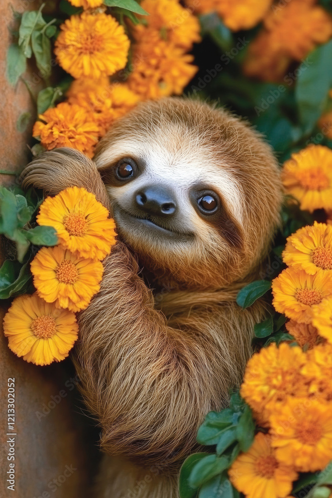 Fototapeta premium Sloth with flower, A cute sloth peeks out from among vibrant orange marigolds in a lush setting.