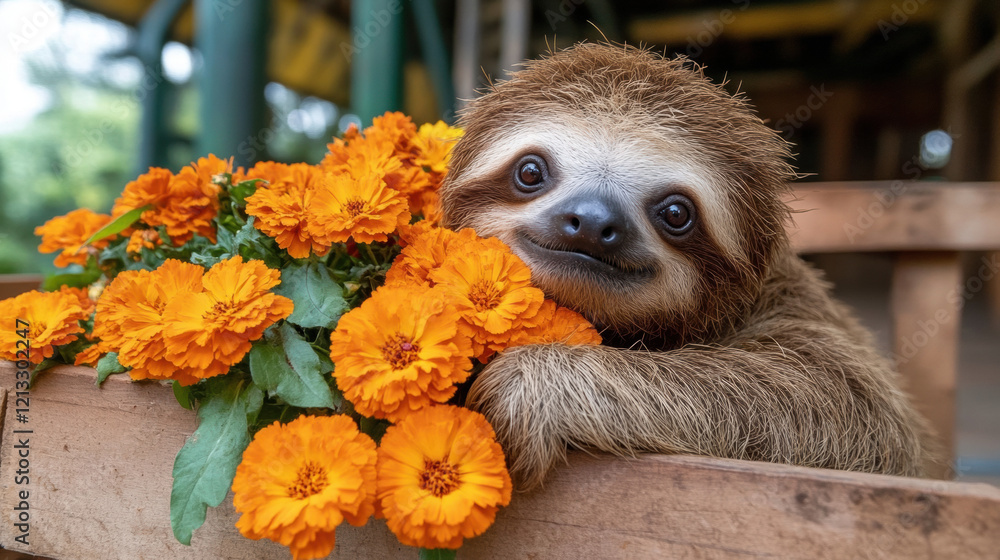 Fototapeta premium Sloth with flower, A sloth rests on a wooden surface with vibrant orange flowers, displaying a relaxed and endearing expression.