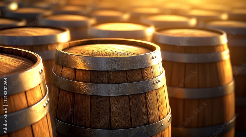 Close-up of vineyard barrels, warm light from sunset casting shadows, soft texture of wood and distant grapevines, rich digital painting Close-up of vineyard barrels, warm light from sunset casting shadows, soft texture of wood and distant grapevines, rich digital painting