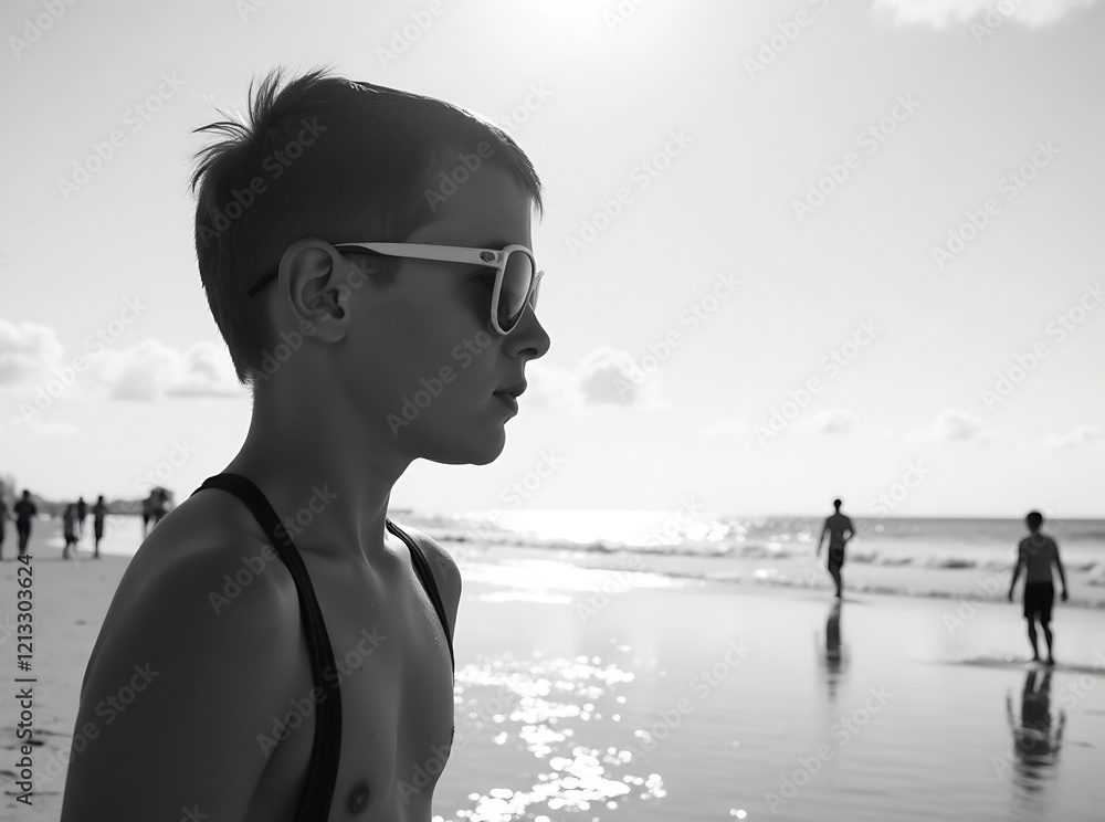 Hand drawn black and white portrait of a young person in swimwear with sunglasses reflecting tiny figures at a beach scene. Depict depth, a serene mood, warm lighting, and a beach atmosphere. High-qu Hand drawn black and white portrait of a young person in swimwear with sunglasses reflecting tiny figures at a beach scene. Depict depth, a serene mood, warm lighting, and a beach atmosphere. High-qu