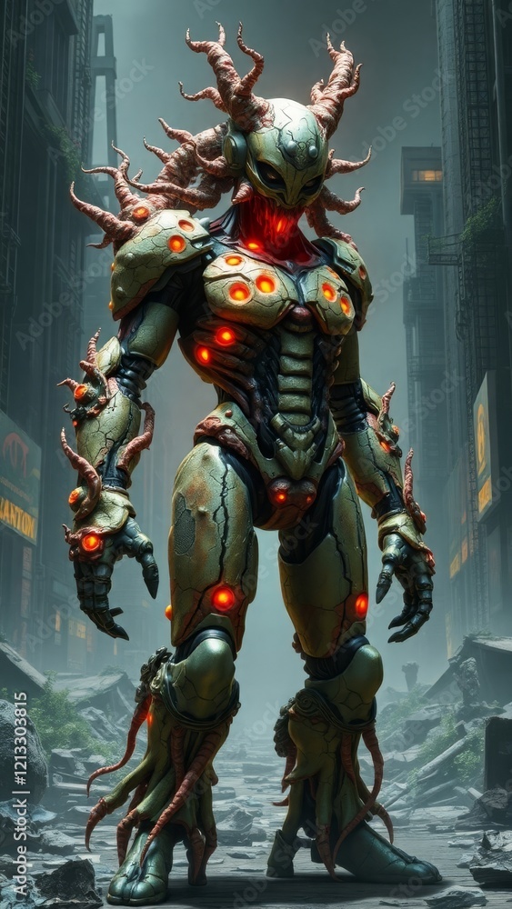 Post-Apocalyptic Cyborg in Overgrown Ruins Post-Apocalyptic Cyborg in Overgrown Ruins
