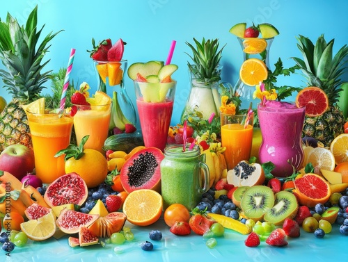 Fototapeta Naklejka Na Ścianę i Meble -  A vibrant smoothie bar setup with various fresh ingredients, featuring colorful fruits and vegetables, showcasing the benefits of homemade smoothies