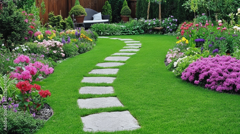 Fototapeta premium A backyard garden with a stone pathway leading to a charming patio.