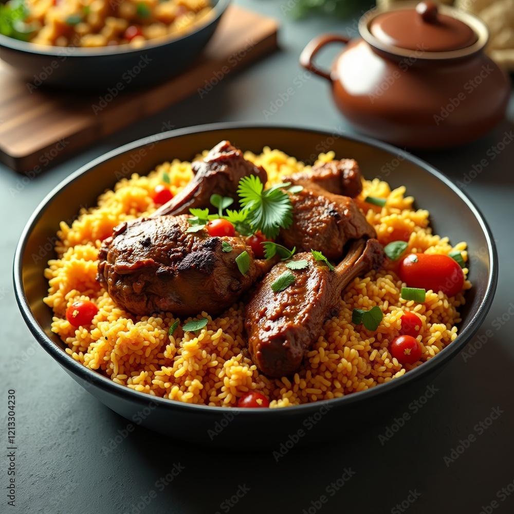 A hearty bowl of chicken and rice, garnished with fresh herbs and cherry tomatoes A hearty bowl of chicken and rice, garnished with fresh herbs and cherry tomatoes