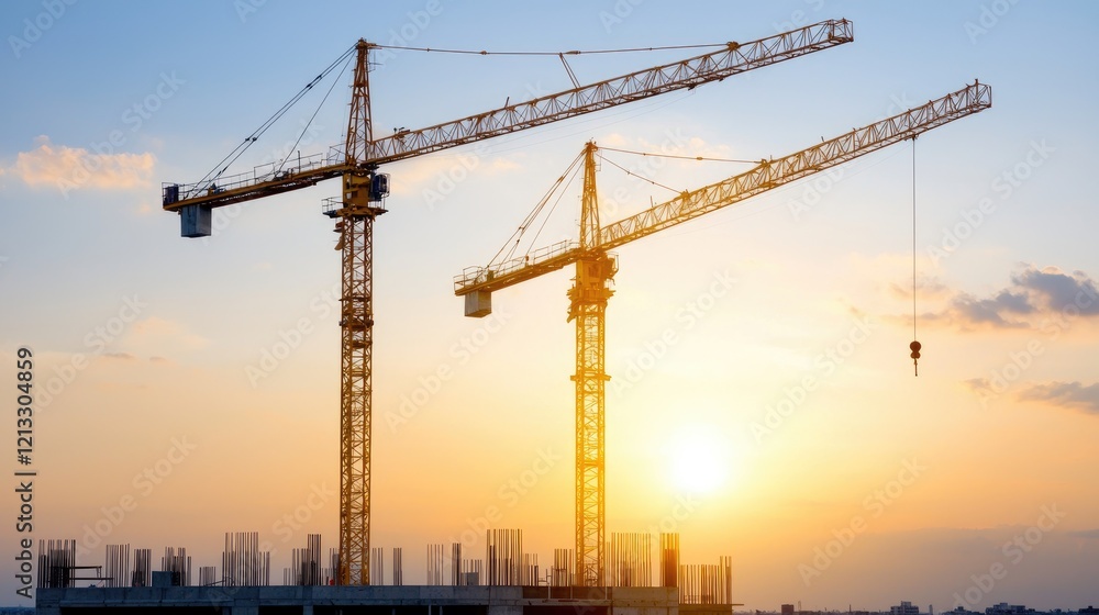 Sunset Construction Cranes Cityscape Building Site Sunset Construction Cranes Cityscape Building Site