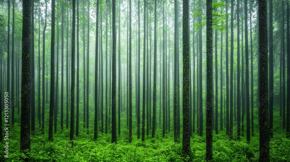 Misty Forest Landscape with Tall Trees and Lush Green Foliage Misty Forest Landscape with Tall Trees and Lush Green Foliage