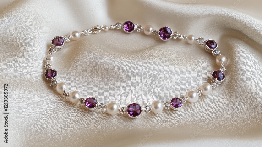 A delicate pearl and gemstone necklace displayed on a white satin surface with a muted cream background. A delicate pearl and gemstone necklace displayed on a white satin surface with a muted cream background.
