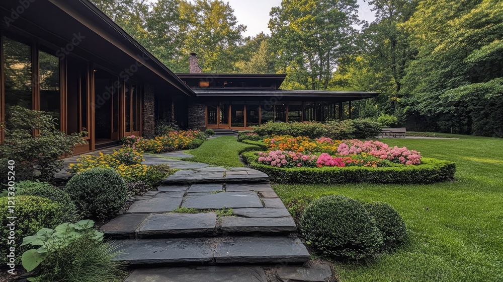 Obraz premium A garden with neatly trimmed bushes and colorful flower beds next to a veranda.