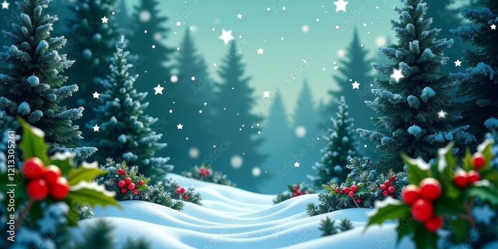 A serene winter scene with snow-covered trees and festive holly berries A serene winter scene with snow-covered trees and festive holly berries
