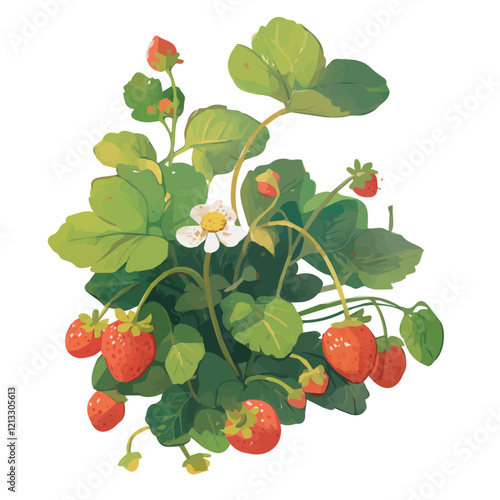 Strawberry Plant with Fruit – Watercolor Illustration, Fresh Berry Plant Artwork, Delicate Strawberry Plant Painting, Lush Nature-Inspired Watercolor, Botanical Art Design
