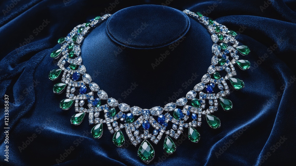 Fototapeta premium A radiant gemstone necklace with sapphire and emerald accents displayed on a dark navy velvet background.
