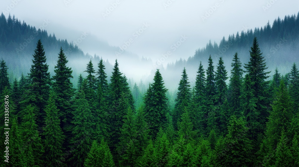 Serene Misty Forest Landscape with Dense Evergreen Trees Serene Misty Forest Landscape with Dense Evergreen Trees