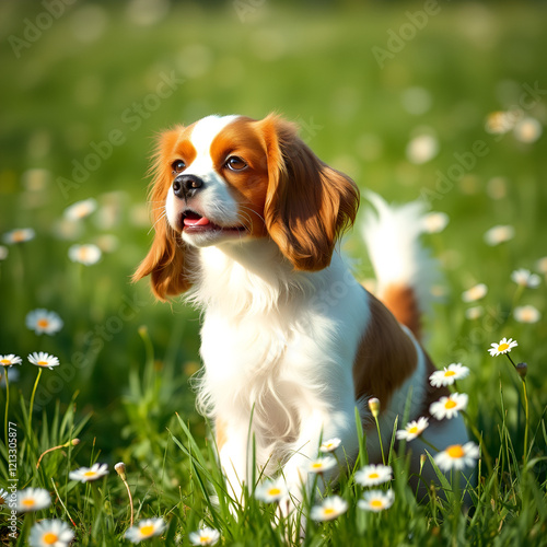 Playful cavalier king charles spaniel in sunny meadow with daisies AI photo