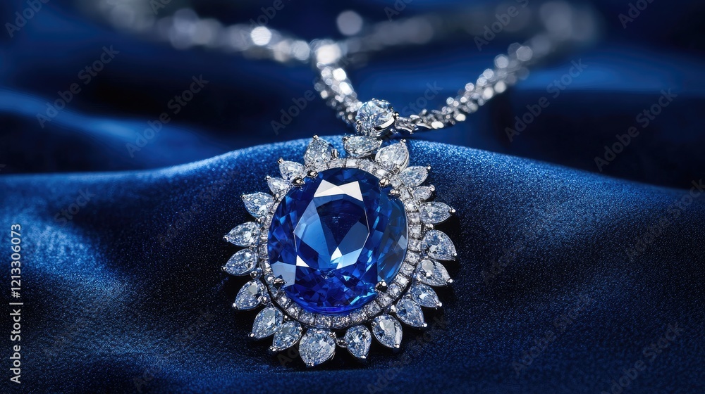 Fototapeta premium A stunning sapphire gemstone necklace displayed on a dark velvet surface with soft blue lighting.
