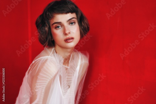 Model poses in a minimalist white outfit against a vivid red backdrop in a studio setting during a fashion shoot