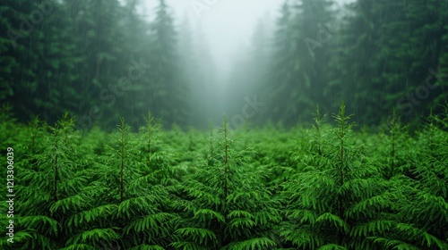 Wallpaper Mural Lush Green Forest with Mist and Tall Evergreen Trees in Background Torontodigital.ca