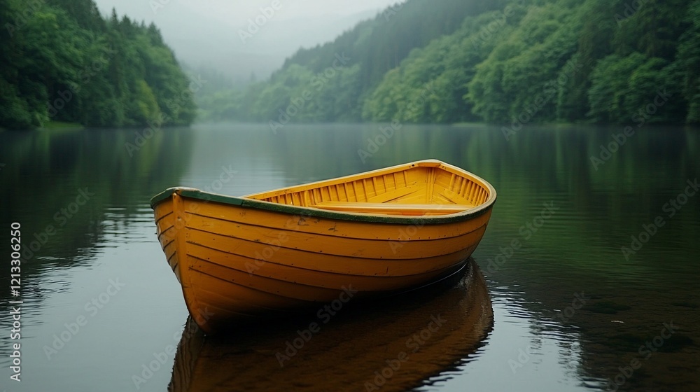 Obraz premium Yellow rowboat on calm lake, misty forest background.