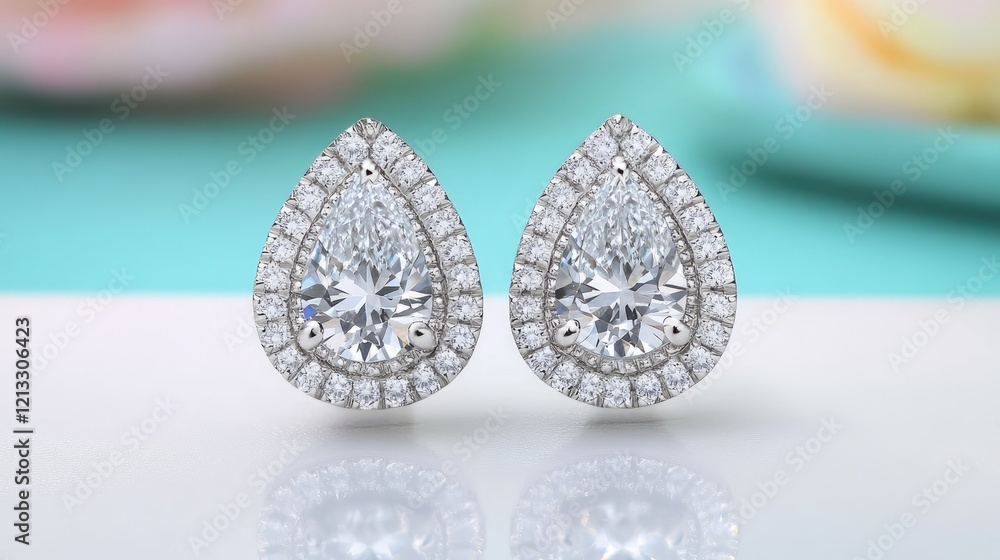 Beautiful diamond earrings with sapphire accents displayed on a glossy white surface with a pastel blue backdrop. Beautiful diamond earrings with sapphire accents displayed on a glossy white surface with a pastel blue backdrop.