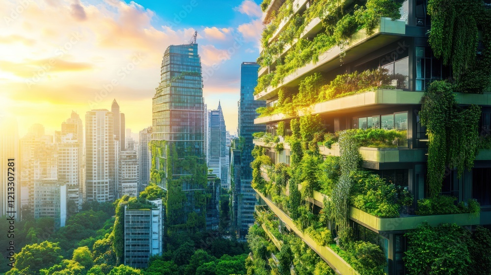 Obraz premium Green city skyscraper sunset sustainable architecture