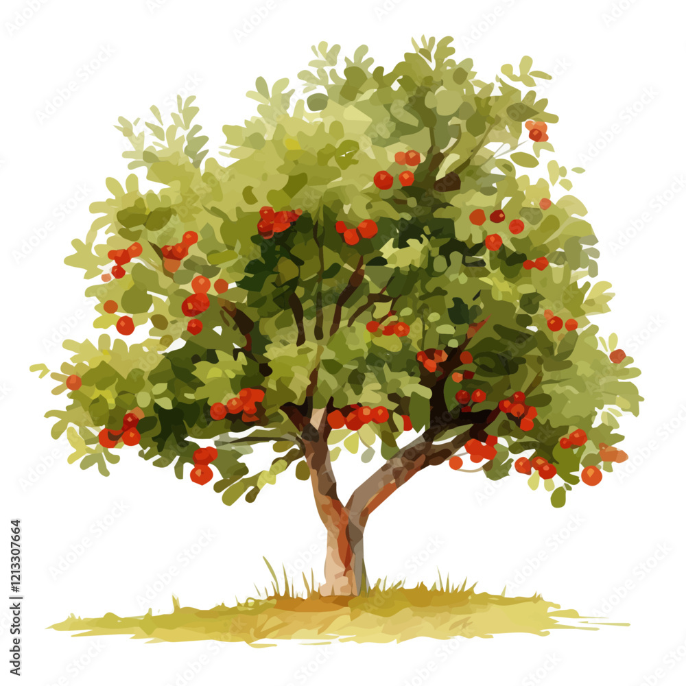 Fototapeta premium Sugarberry Tree with Fruit – Watercolor Illustration, Botanical Art, Fruit-bearing Tree Painting, Nature-inspired Artwork, Lush Watercolor Tree with Fruits 