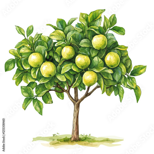 Tahitian Lime Tree with Fruit – Watercolor Illustration, Lush Fruit Tree Art, Hand-painted Lime Tree Design, Tropical Lime Tree Artwork, Botanical Watercolor Nature Piece
