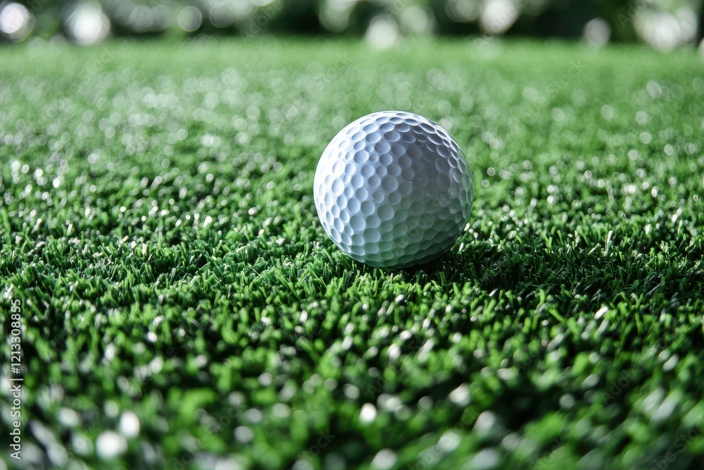 Golf ball rests on lush green turf. Ideal for sports, leisure, or golf websites. Golf ball rests on lush green turf. Ideal for sports, leisure, or golf websites.