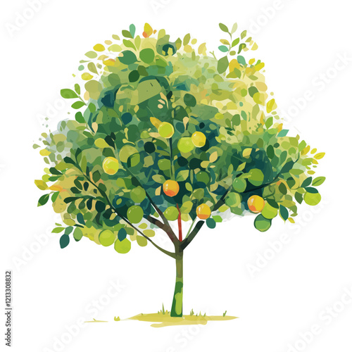 Tahitian Lime Tree with Fruit – Watercolor Illustration, Lush Fruit Tree Art, Hand-painted Lime Tree Design, Tropical Lime Tree Artwork, Botanical Watercolor Nature Piece
