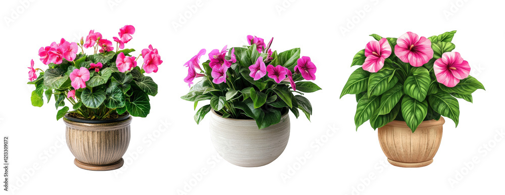 Fototapeta premium Three beautiful potted flowering plants with vibrant pink blossoms in various stylish pots.