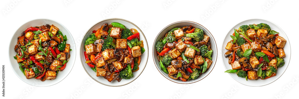 Fototapeta premium Four vibrant bowls of stir-fried tofu and vegetables, showcasing a colorful arrangement perfect for health-conscious diners.