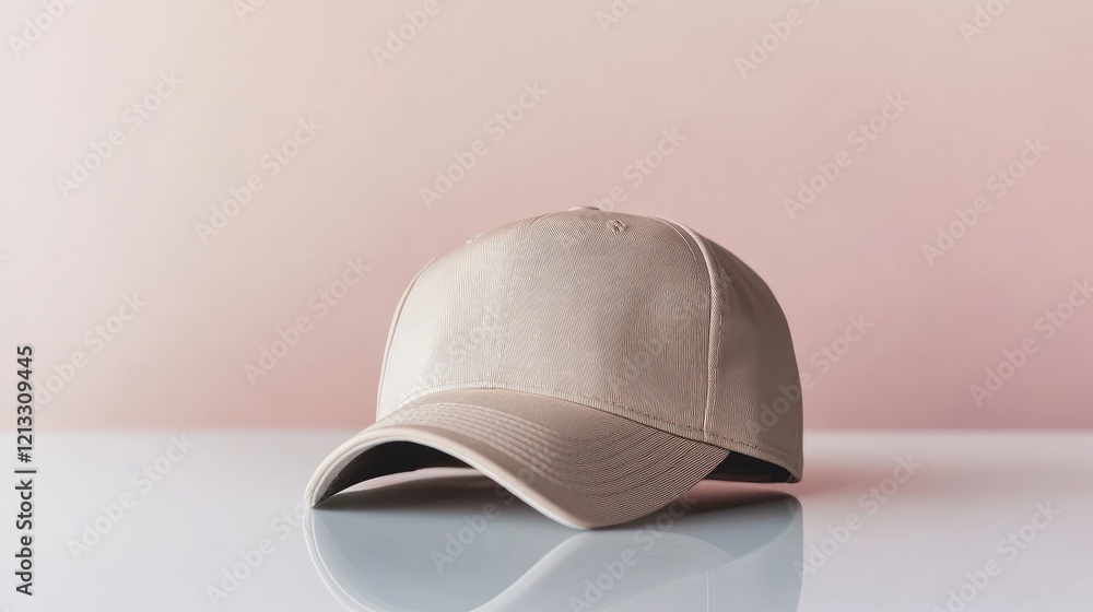 Minimalist beige cap with subtle embroidery, displayed on a glossy white surface with a soft pink gradient. Minimalist beige cap with subtle embroidery, displayed on a glossy white surface with a soft pink gradient.