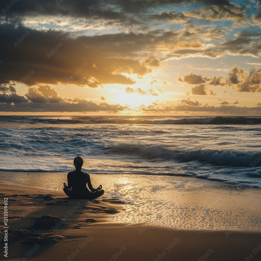 Person meditating on the beach during a golden sunset Person meditating on the beach during a golden sunset