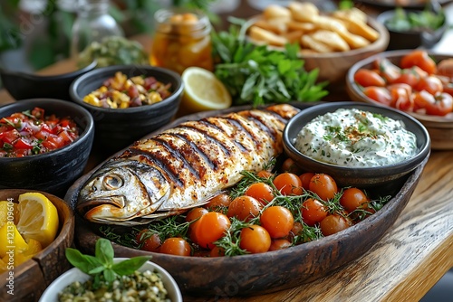 Greek-inspired feast with a selection meze, tzatziki, and fresh fish, styled on a wooden table for cultural cuisine photo