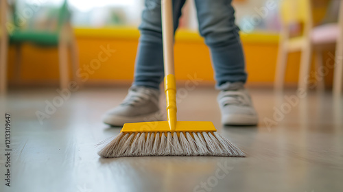 Child using a small broom to sweep the floor from a low angle in a daycare center, showcasing cleanliness and responsibility photo