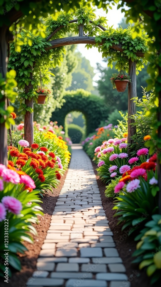 A serene garden path with vibrant flowers and lush greenery A serene garden path with vibrant flowers and lush greenery