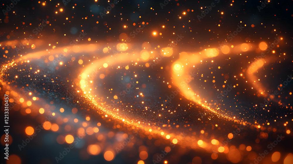 Abstract Glowing Particles Swirling in Dark Background. Festive Sparkling Lights Design Abstract Glowing Particles Swirling in Dark Background. Festive Sparkling Lights Design