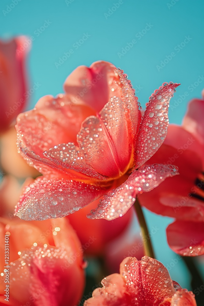 Pink tulips with shimmering dew and radiant petals, blooming under sunlight against a blue sky Pink tulips with shimmering dew and radiant petals, blooming under sunlight against a blue sky