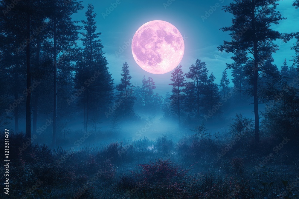 Misty Night Forest with Dark Trees and Fog Under Full Moon Misty Night Forest with Dark Trees and Fog Under Full Moon