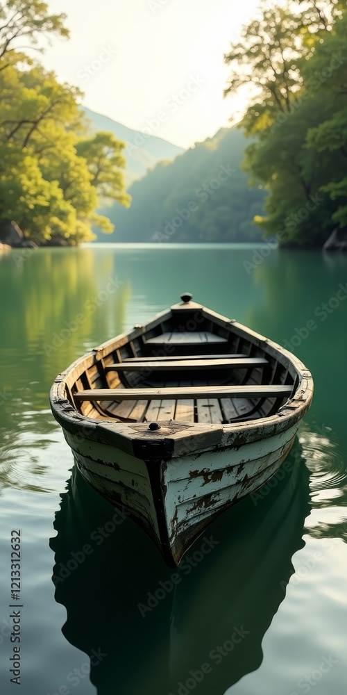 Obraz premium A serene lake scene with a weathered wooden boat