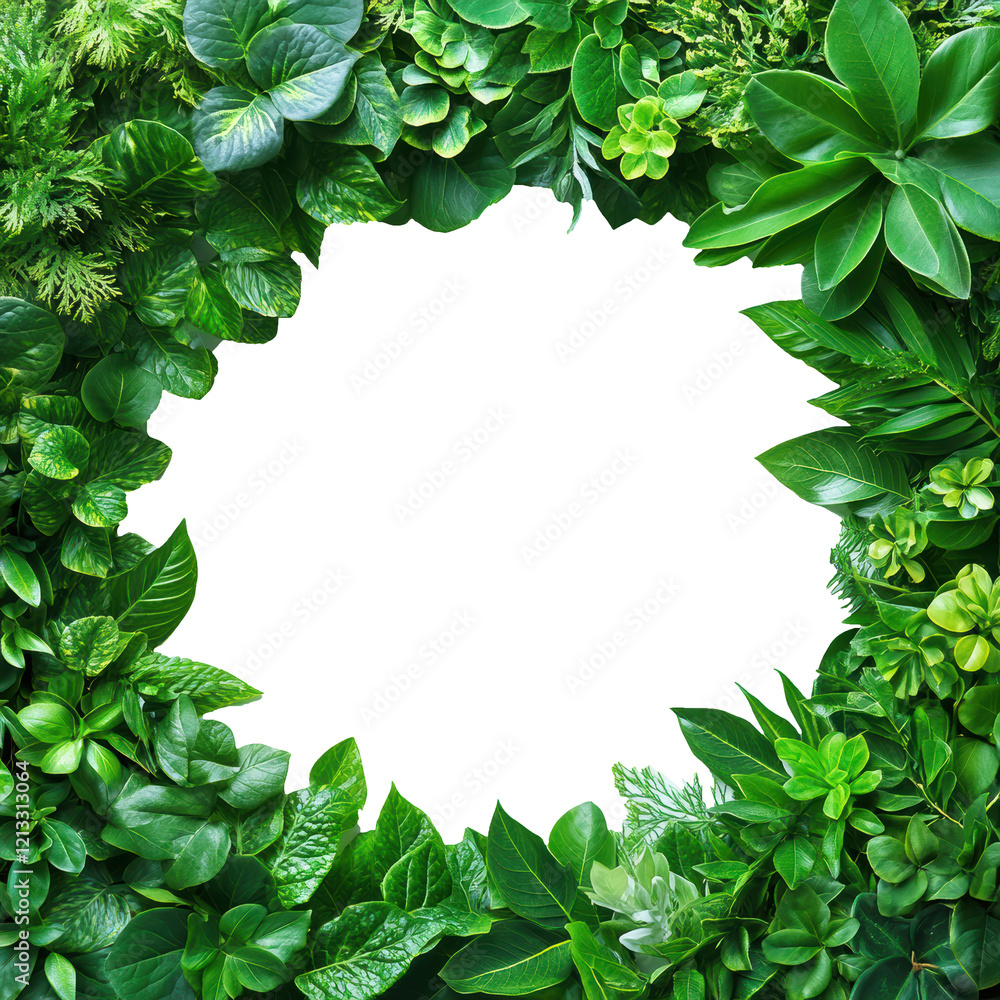 Lush greenery framing a blank cutout space surrounded by vibrant plants isolated on transparent background Lush greenery framing a blank cutout space surrounded by vibrant plants isolated on transparent background