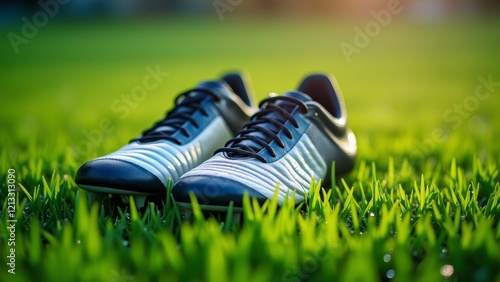 A pair of football boots, with black laces and white stripes, resting on a lush green grass field photo