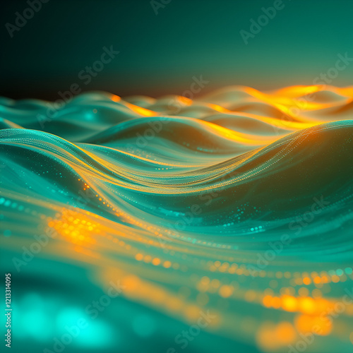 Holographic Binary Sequences in Digital Ether: A Sweeping Wave of Electric Blue and Sage Green with Sunset Orange Highlights. Atmospheric Depth in 8K Resolution. photo