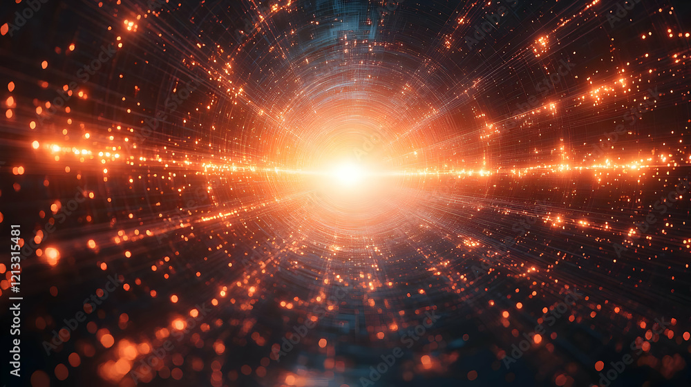 Obraz premium Abstract cosmic energy tunnel with glowing particles and bright light, an orange and red background