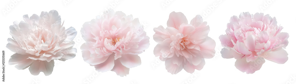 Fototapeta premium Four exquisite pink peonies showcase their delicate petals and soft hues, creating a serene floral arrangement.