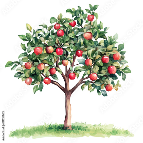 Wax Apple Tree with Fruit – Watercolor Illustration, Botanical Art, Fruit-bearing Tree Painting, Nature-inspired Artwork, Vibrant Watercolor Tree with Fruits

