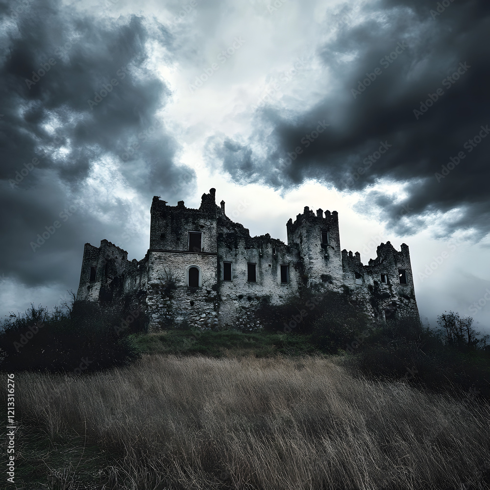 Obraz premium Ruined Castle Under a Dramatic Sky