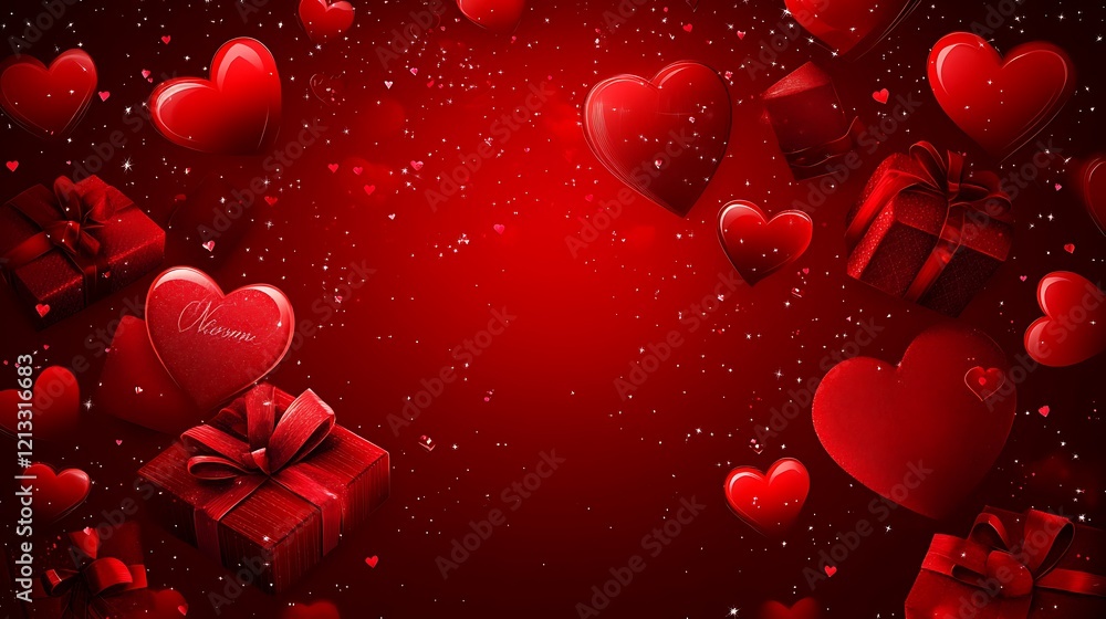 Stunning valentine's day design with romantic red hearts and lovely gift boxes arranged perfectly Stunning valentine's day design with romantic red hearts and lovely gift boxes arranged perfectly